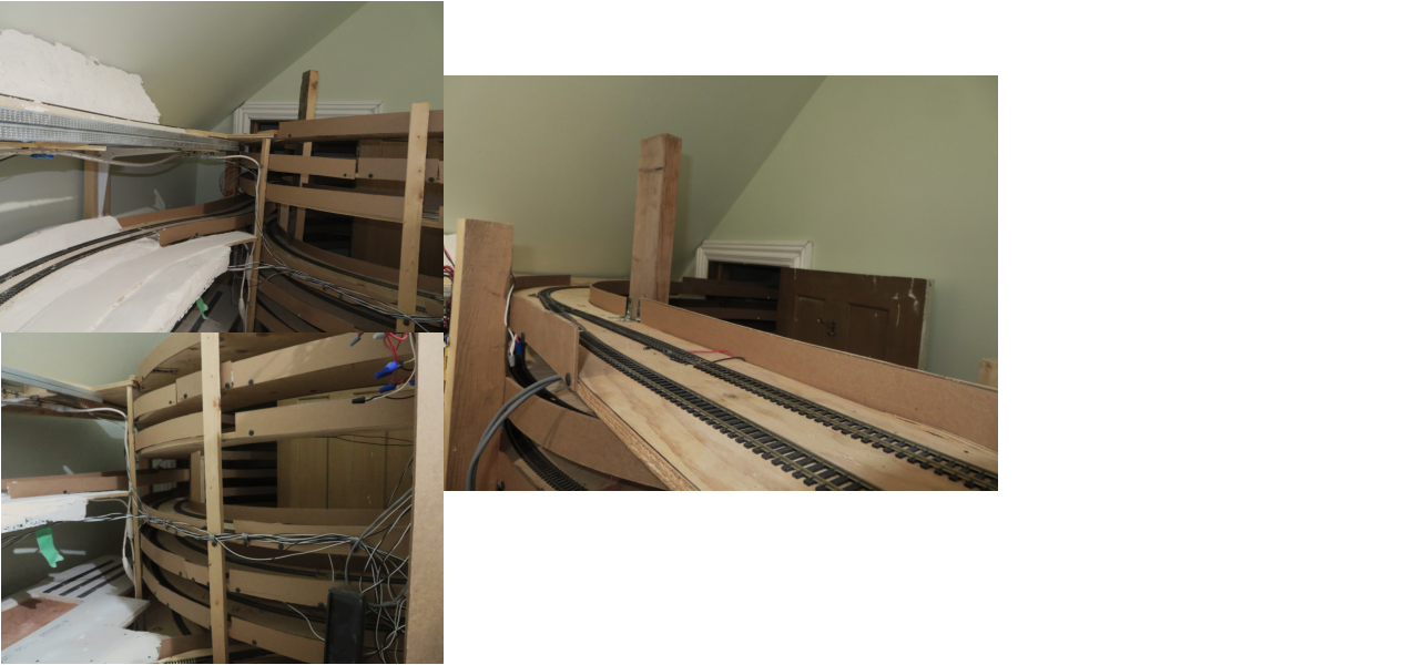 This the Helix which moves the  trains from the Upper Level Loop  into mainly double tracks and then exiting into Lower  Level Loop Main Yard.   A passing track is provided  to have 2 operating trains  get by each other