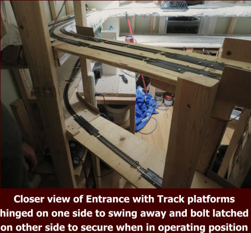 Closer view of Entrance with Track platforms hinged on one side to swing away and bolt latched on other side to secure when in operating position